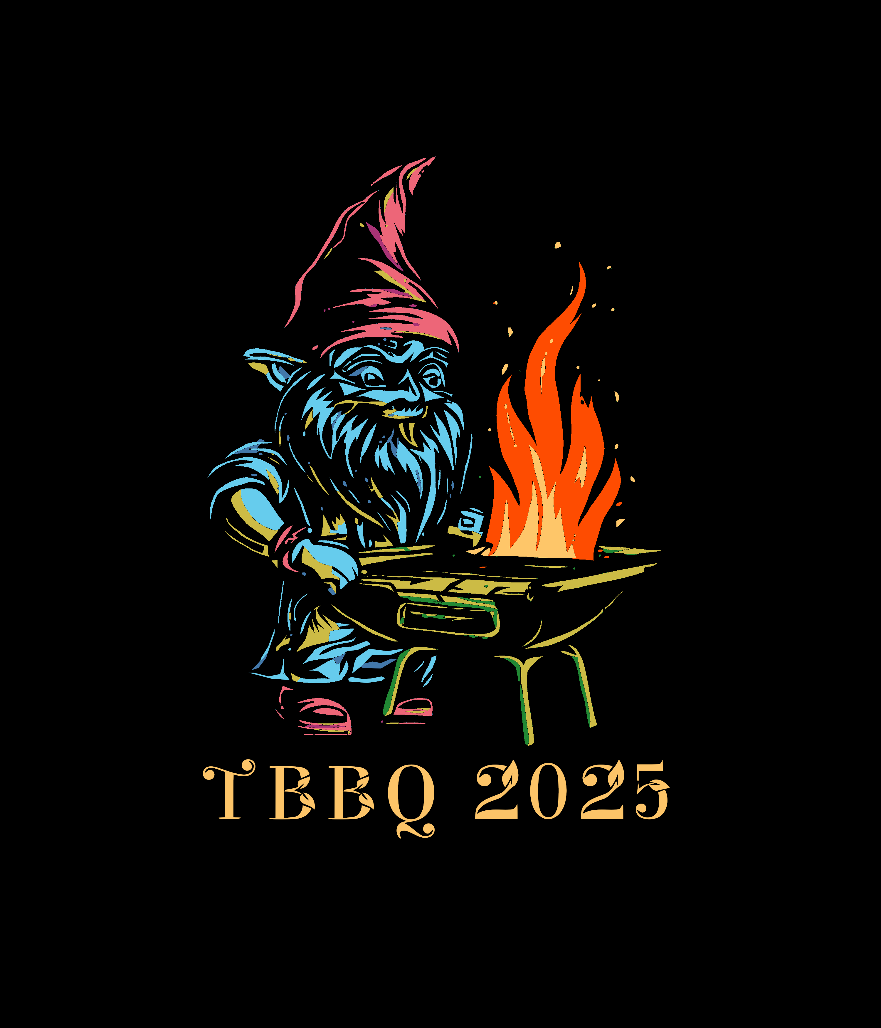 ToxicBBQ 2025 Logo, a Gnome with a spatula stands in front of a grill that has a huge flame coming out of it. The text below reads Toxc BBQ 2025 and is in a font that ooks like it is crafted out of leaves.