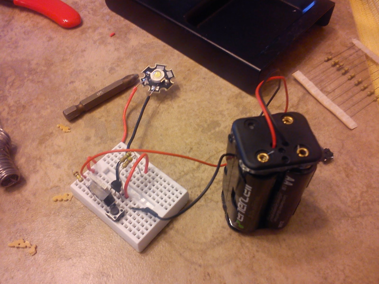 Blindingly bright LED prototype wth basic switch.
